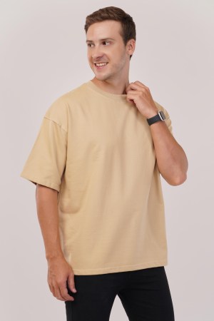 Beige plain Oversized T-Shirt For Men - Image 4
