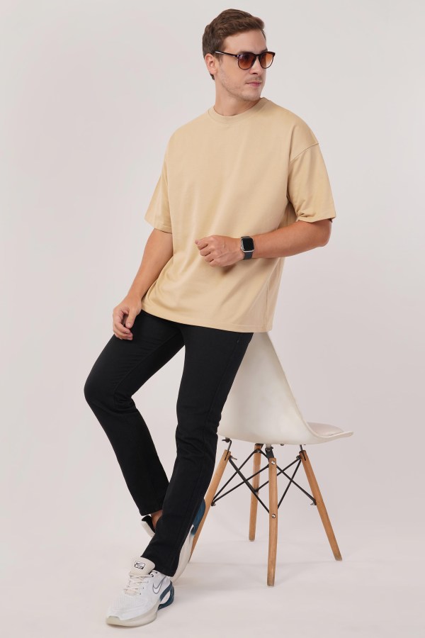 Beige plain Oversized T-Shirt For Men - Image 3