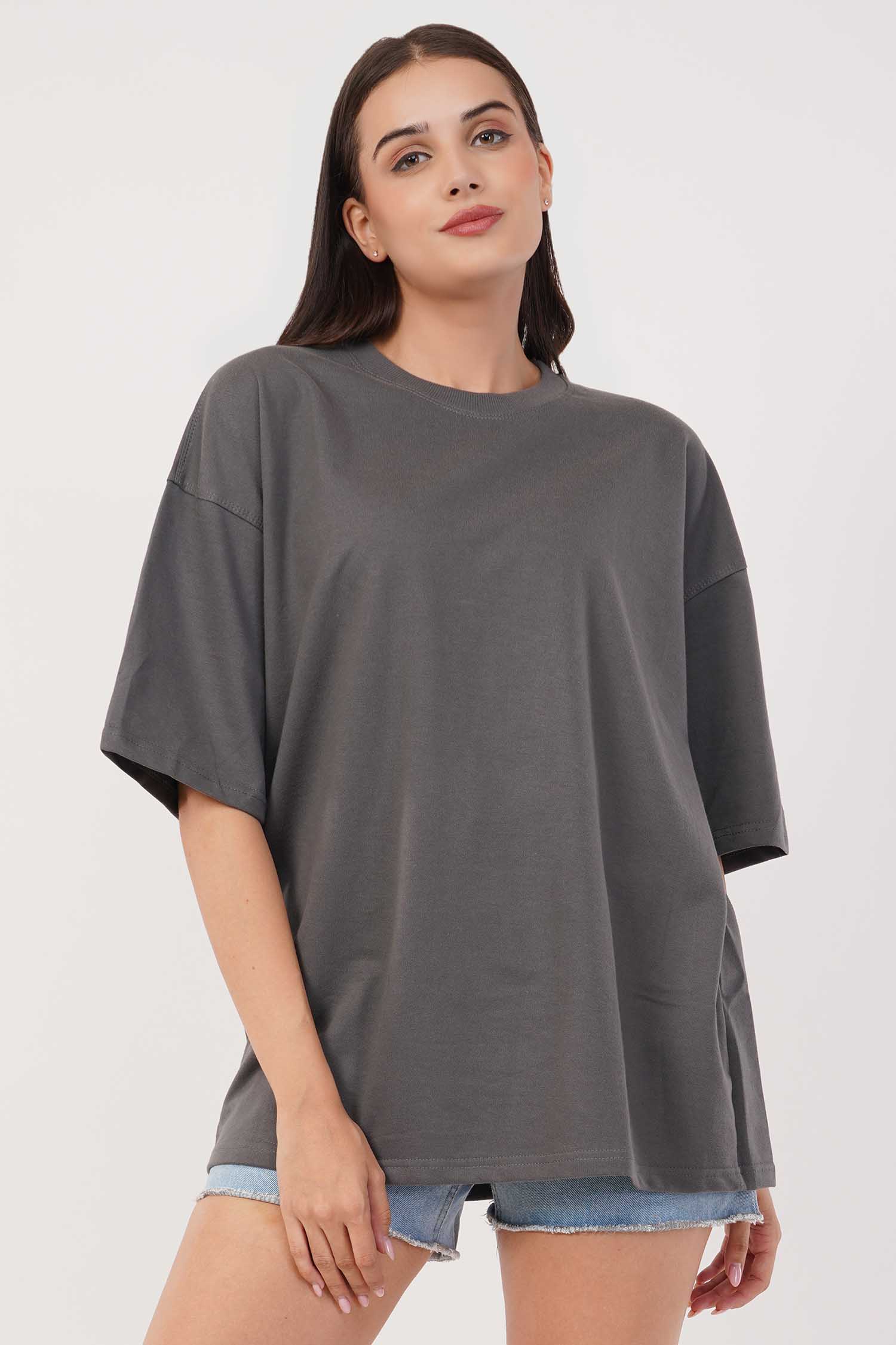Grey Plain Oversized T-Shirt For Women
