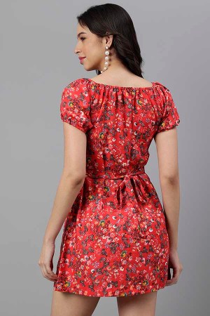 Red Cotton Blend Casual Western Dress - Image 8