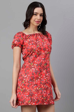 Red Cotton Blend Casual Western Dress - Image 6