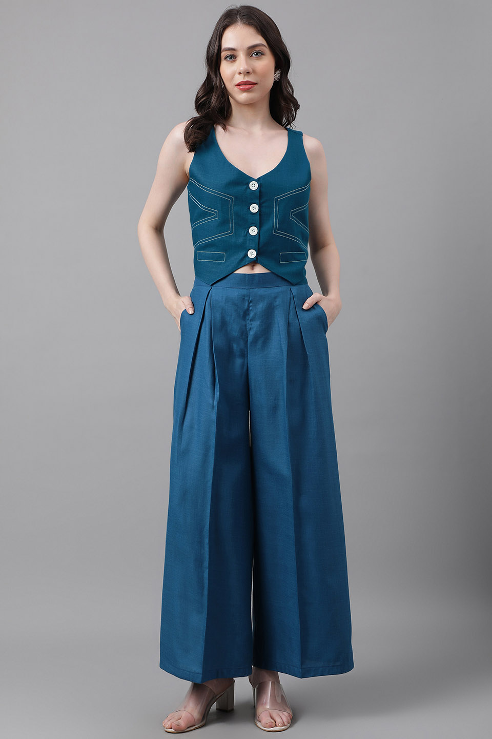 Blue Cotton Blend Western Wear