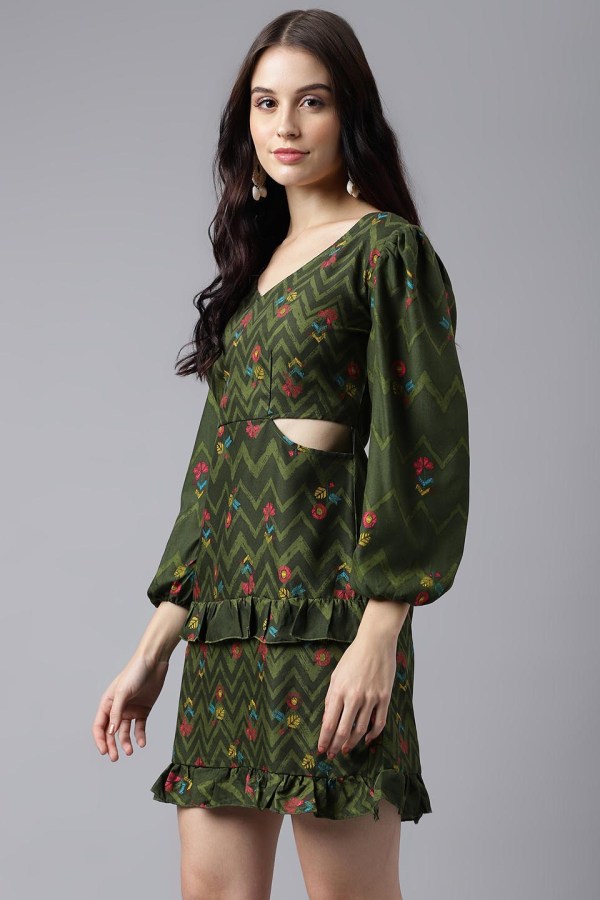 Green Cotton Blend Casual Western Dress - Image 6