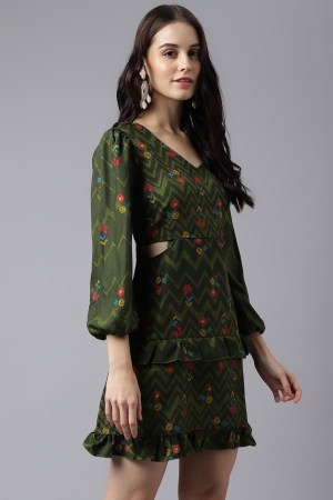 Green Cotton Blend Casual Western Dress - Image 4