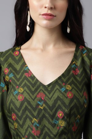 Green Cotton Blend Casual Western Dress - Image 3