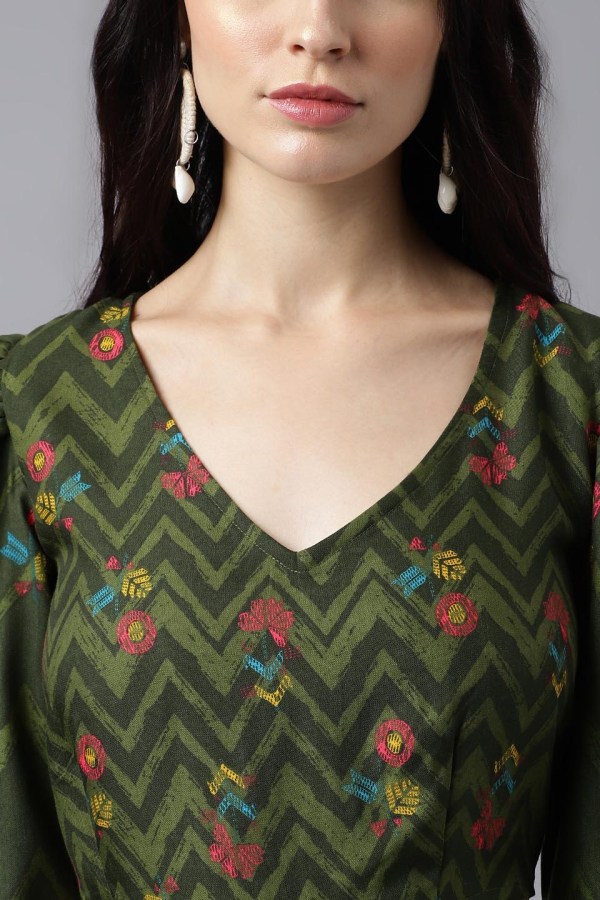 Green Cotton Blend Casual Western Dress - Image 3