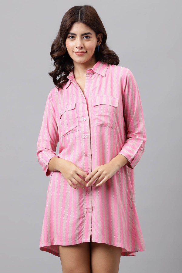 Pink Cotton Blend Casual Western Dress - Image 3