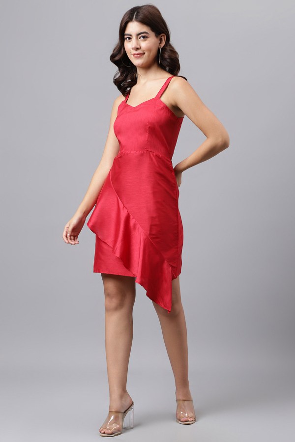 Red Cotton Blend Casual Western Dress - Image 2
