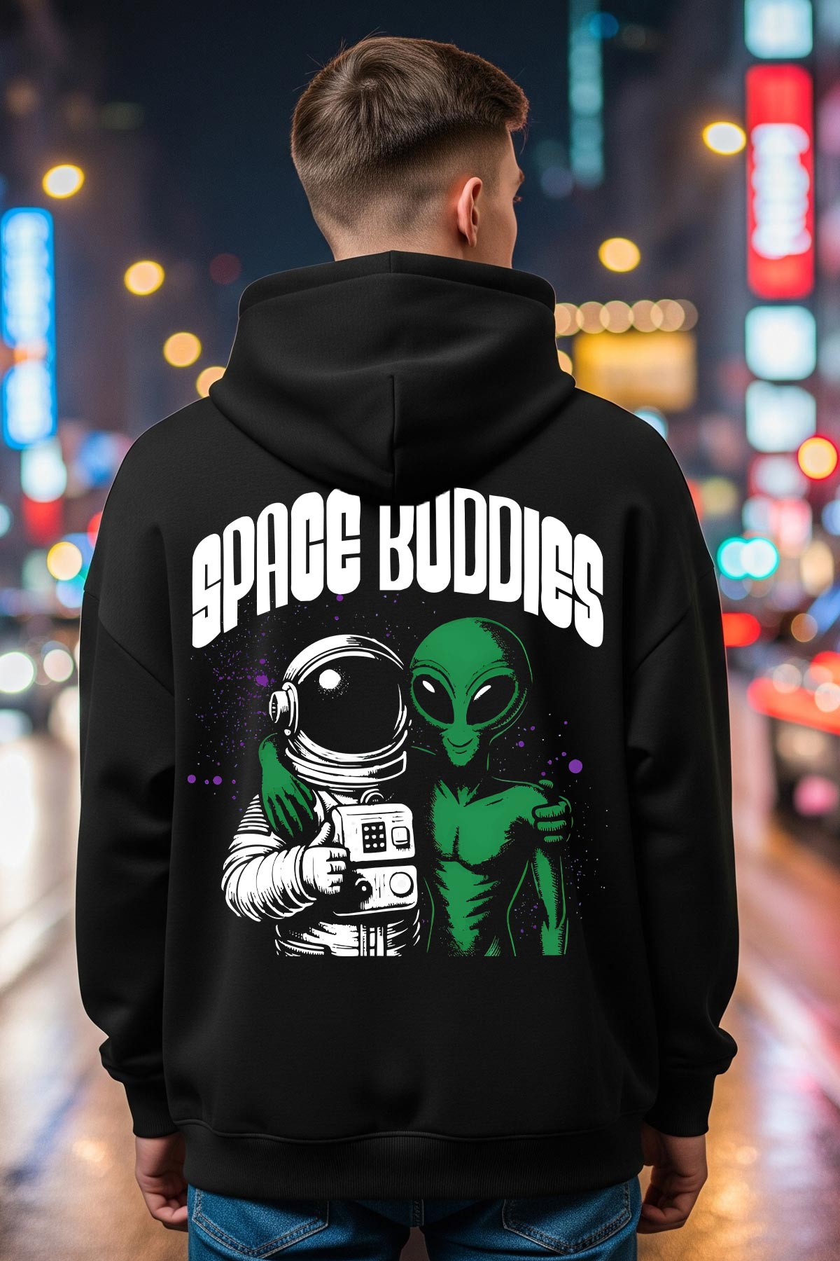 Space Buddies Black Oversized Hoodie